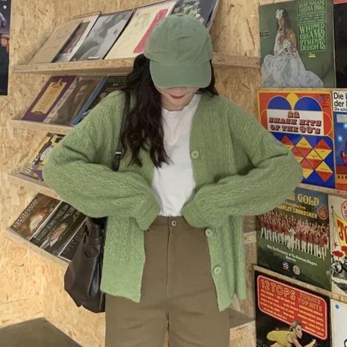 Зеленый Женская одежда ulzzang кардиган пальто шикарный длинный рукав v-образный вырез корейский стиль свободные вязаные свитеры женские осенние новые модные популярные - Цвет: Зеленый