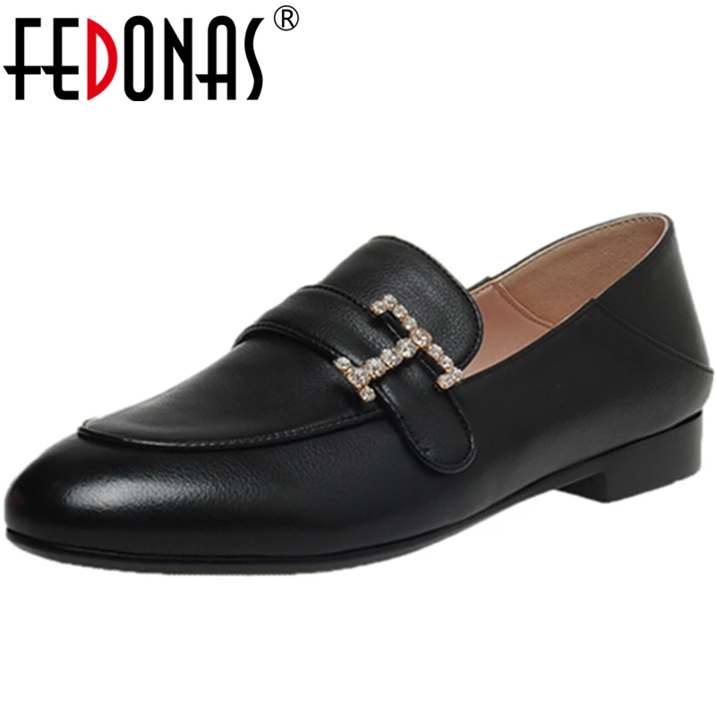 

FEDONAS Euro Style Retro Concise Women Cow Leather Shoes Round Toe Low Heel Rhinestone Decoration 2020 Spring Casual Shoes Woman
