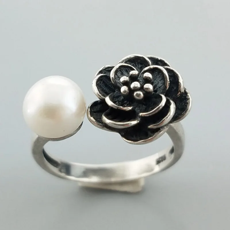 SA SILVERAGE 925 Sterling Silver Pearl Wedding Vintage Rings Pearl Jewelry Flowers Ring 100% Genuine Adjustable Rings Women Gift
