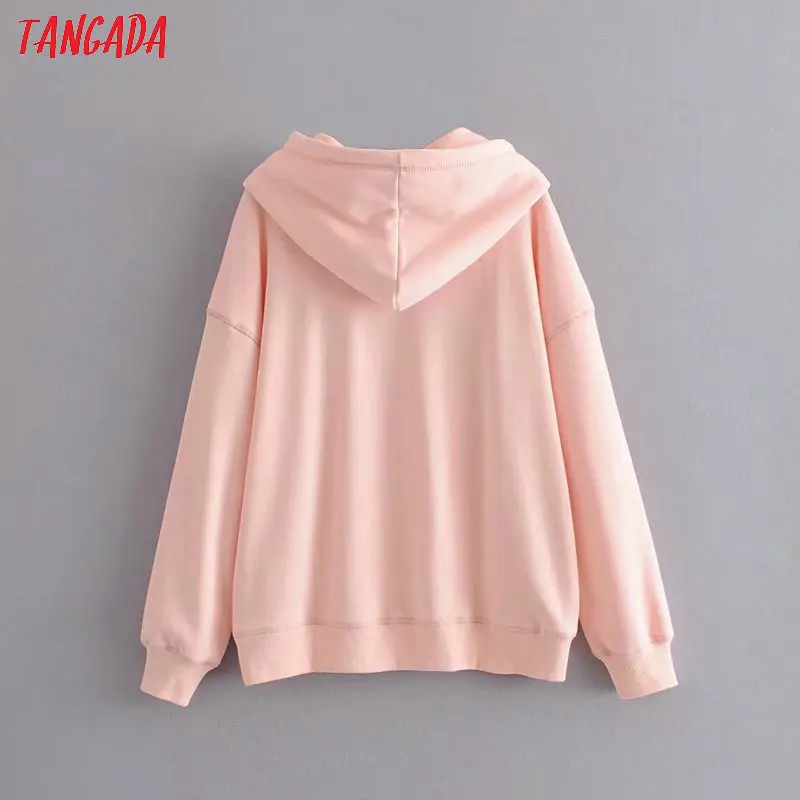 Tangada women fashion pink letter embroidery sweatshirts oversize long sleeve loose hood pullovers female tops 6P52