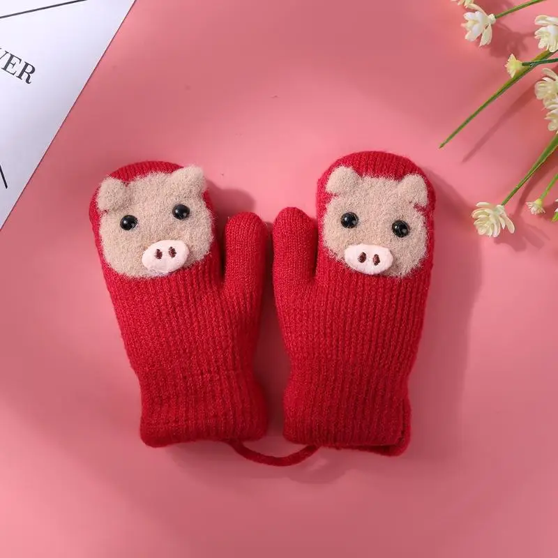 Новые милые детские перчатки с рисунком свинки из мультфильма для детей 0-3 лет, зимние шерстяные теплые вязаные перчатки для мальчиков и девочек
