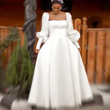 YiMinpwp Elegant Wedding Dresses Square Neck Long Sleeve Floor Length A Line Satin Covered Button Bride Dress robes de mariee