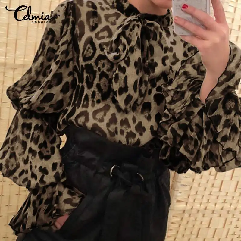 

Top Fashion Celmia Women Sexy Leopard Print Blouse Long Sleeve Sheer See Through Summer Shirts Casual Bow Tie Neck Chiffon Blusa