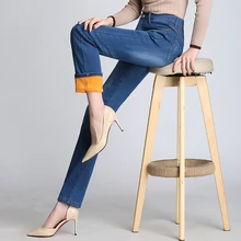 Осень и зима плюс бархат утолщение джинсы женские модные прямые джинсы с высокой талией верхняя одежда стрейч узкие брюки