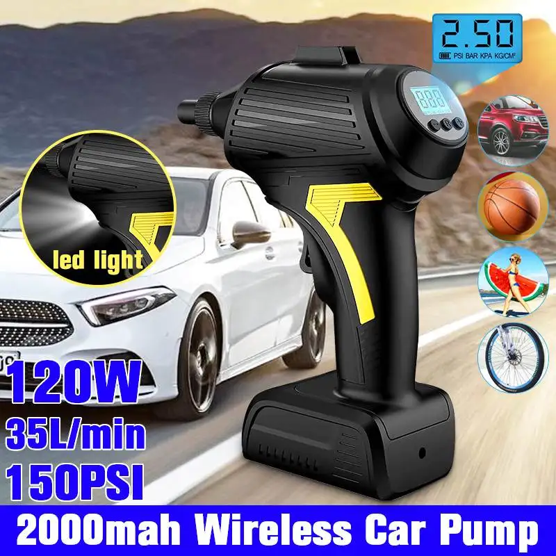 

Portable Air Compressor Cordless Tire Inflator with Digital Display, LED Lighting,Rechargeable Tire Pressure Gauge 12V/150PSI fo
