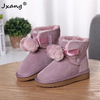 

JXANG Fashion Children Snow Boots Genuine Leather Girls Boots Warm Winter Boots Kids Lace Up Boots Pendant Hair Ball Dusk Shoes
