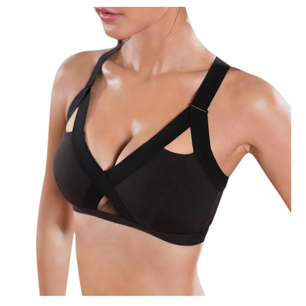 

Sports Bra plus size Ladies'plain Color Front Cross Side Lace Sports Bra Full Cup Bra Vest Tops Sujetador Deportivo Mujer
