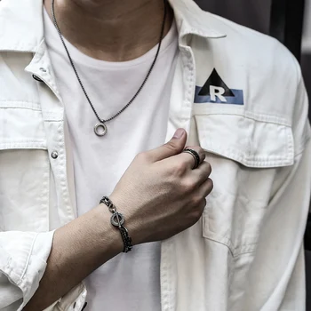 

Black Men's Bracelet Necklace Ring Jewelry Set Stainless Steel Cable Link Chain Bracelet Male Jewelry Gift