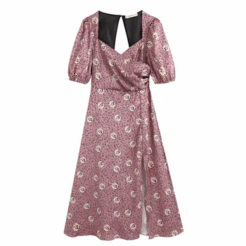 

New 2020 women vintage leopard printing casual split midi dress ladies puff sleeve back hole vestidos chic zipper dresses DS3653