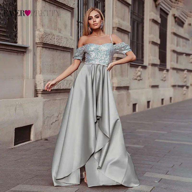 Gray Prom Dresses Ever Pretty EP00349GY Asymmetrial Spaghetti Straps Sequined Satin Pleated Long Party Gowns Robe Longue|Платья на