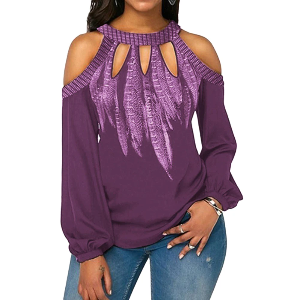 Plus Size Feather Print Women Cold Shoulder Long Sleeve Blouse Chiffon Shirt Round Neck Chiffon Blouse womens tops and blouses Plus Size Feather Print Women Cold Shoulder Long Sleeve Blouse Chiffon Shirt Round Neck Chiffon Blouse womens tops and blouses