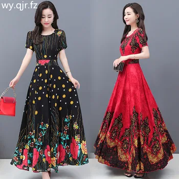 

XWWL-309#Evening Dress Long printing Satin graduation gown Short sleeve round neck party prom Dresses wholesale Girls cheap