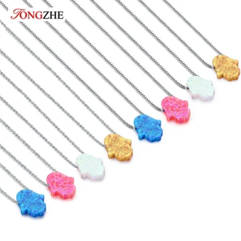 

TONGZHE Hamsa Hand Pendant Necklace Sterling Silver 925 Created Fire Opal Adjustable Cable Box Chain in 16"-18" Fashion 2018