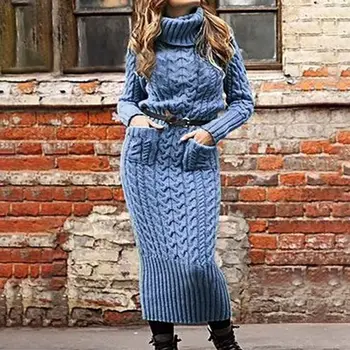 

Women Winter Sweater Knitted Long Dress Slim Elastic Turtleneck Long Sleeve Sexy Lady Bodycon Robe Knit Dresses