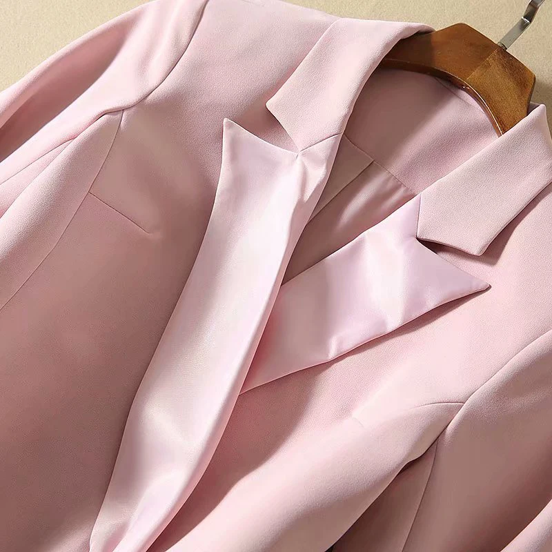 Высокое качество новейшая мода дизайнерский женский элегантный отложной воротник Супер сладкий розовый ленточный Блейзер девять брюк костюм наборы