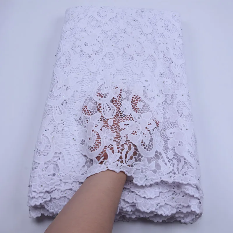 Pure white Kalume Новая мода африканская гипюровая сетка шнур кружевная ткань камнями нигерийский водорастворимый шнур кружевная ткань для шитья платья F1782 - Цвет: Pure white