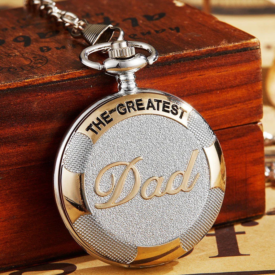 

Vintage Silver Golden Luxury THE GREATEST DAD Quartz Pocket Watch Fob Chain Necklace Men's Fathers Gifts Clock Relogio De Bolso