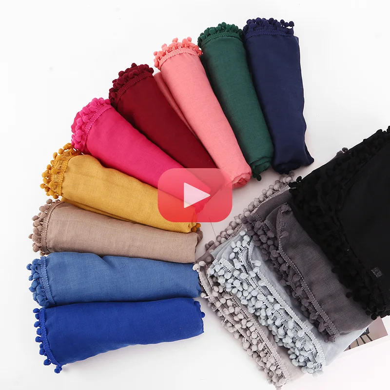 Muslim Headscarf Shawl Hijab Pom Balls Women Scarf Headband Soft TR Cotton Solid Color Turban Wraps Islamic Head Scarves | Женская