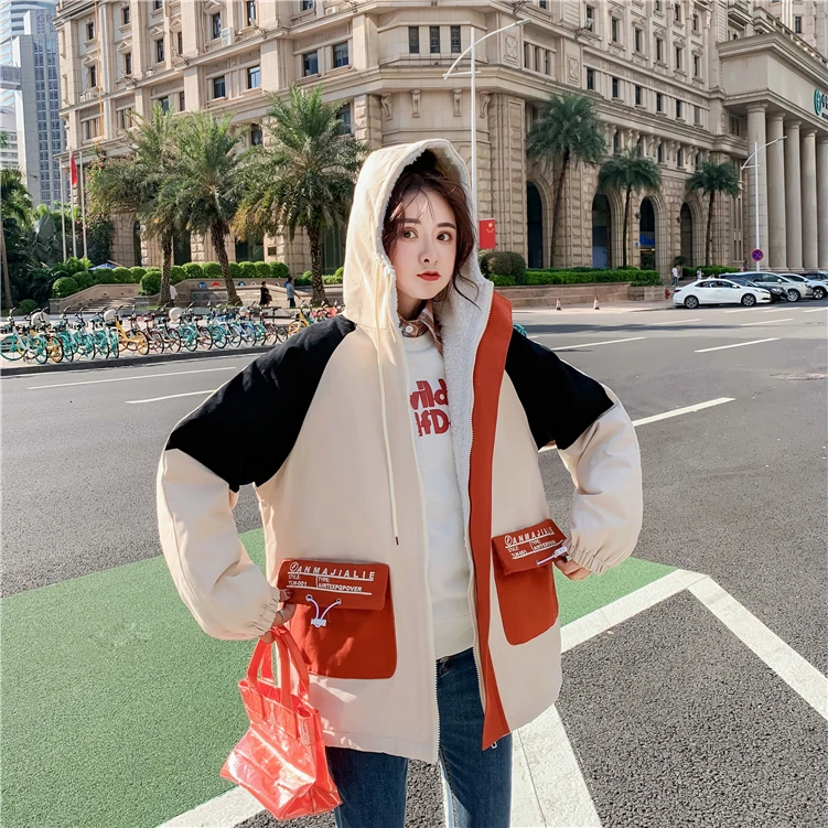 [EWQ] Autumn New Hooded Thick Down Parka Plus Size Thick Warm Winter Overcoat 3 Color Lamb Fur Cotton-padded Coat QL450