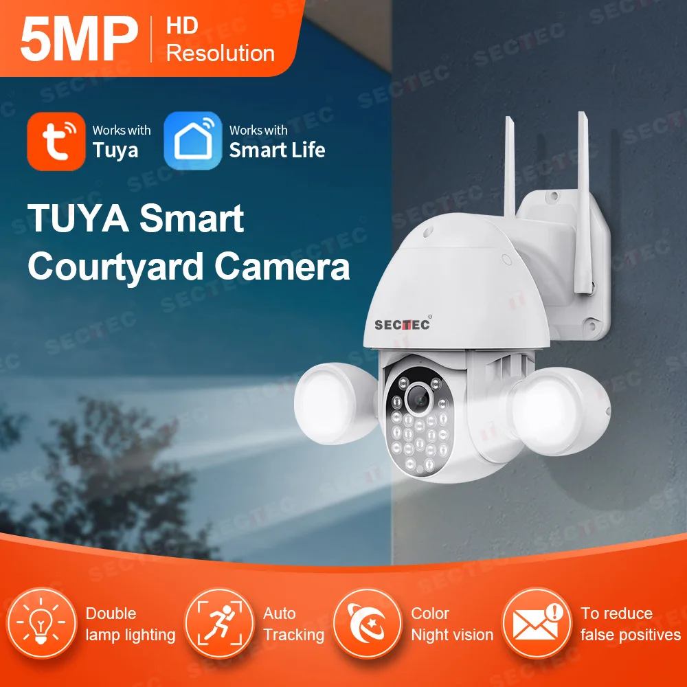 SECTEC WIFI 5MP / 3MP Tuya Floodlight Courtyard Lighting Camera AI Mobile Detection Outdoor Security Protection CCTV |