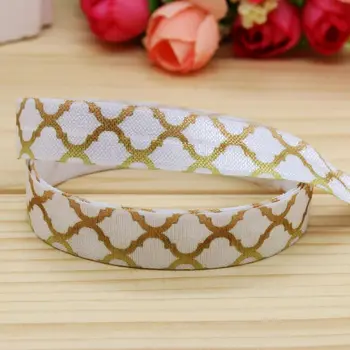 

DHK 5/8'' 5yards Fold Elastic FOE gold color Quatrefoil printed headband headwear hairband diy decoration OEM Wholesale E132