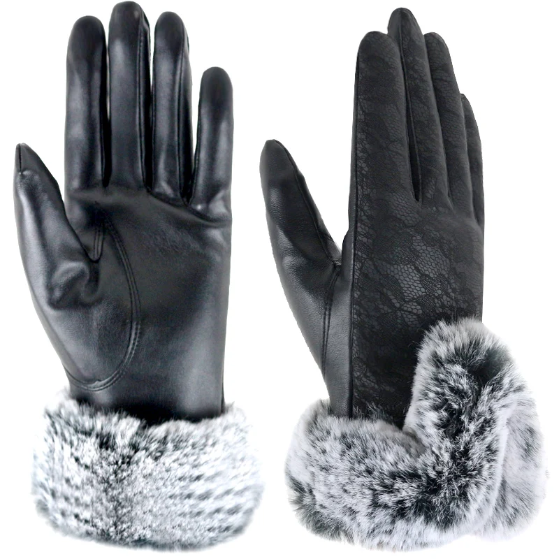 Новое поступление, женские утепленные перчатки, модные женские кружевные зимние кожаные перчатки из искусственной кожи, теплые элегантные варежки из искусственного меха, женские перчатки