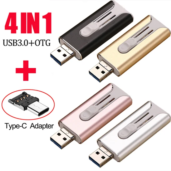Portable 4 in 1 OTG Memory Stick USB 3.0 Flash Drive for iPhone Android Type C 