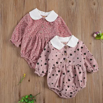 

0-24M Lovely Infant Baby Girls Boys Bodysuits Heart Flowers Print Long Sleeve Peter Pan Collar Jumpsuits