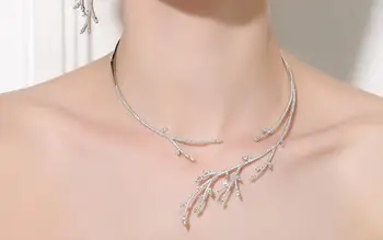 

925 Sterling silver gorgeous CZ crystal Tree Branch Leaf Necklace Elegant Unique Large leaves Necklace wedding silver jewelry