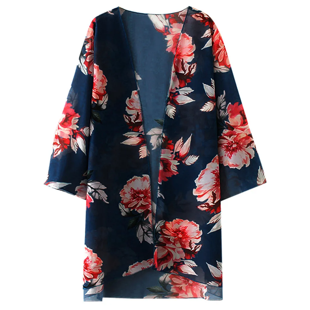Женская летняя пляжная Повседневная шифоновая блузка-кимоно с цветочным принтом, женская модная свободная накидка от солнца - Цвет: Тёмно-синий