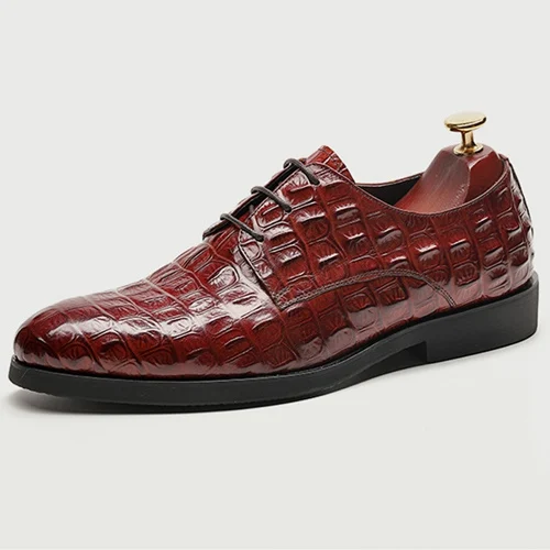 New Luxury Man Formal Dress Shoes Genuine Leather Alligator Pattern Oxfords Pointed Toe Derby Men's Wedding Party Flats SS572 - Цвет: Бордовый