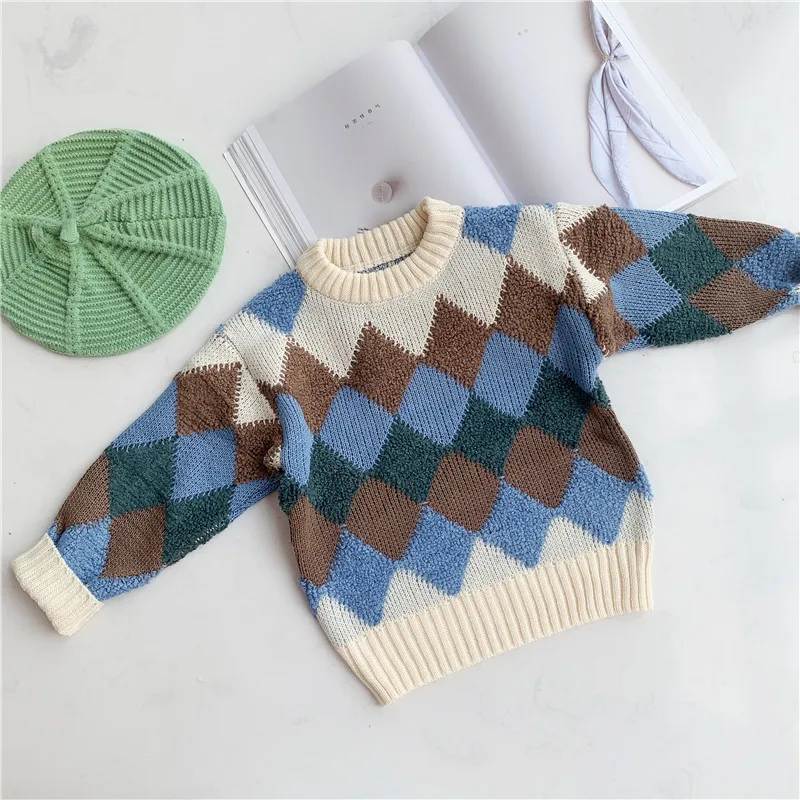 Children's round neck color matching sweater autumn and winter new girls baby pullover sweater