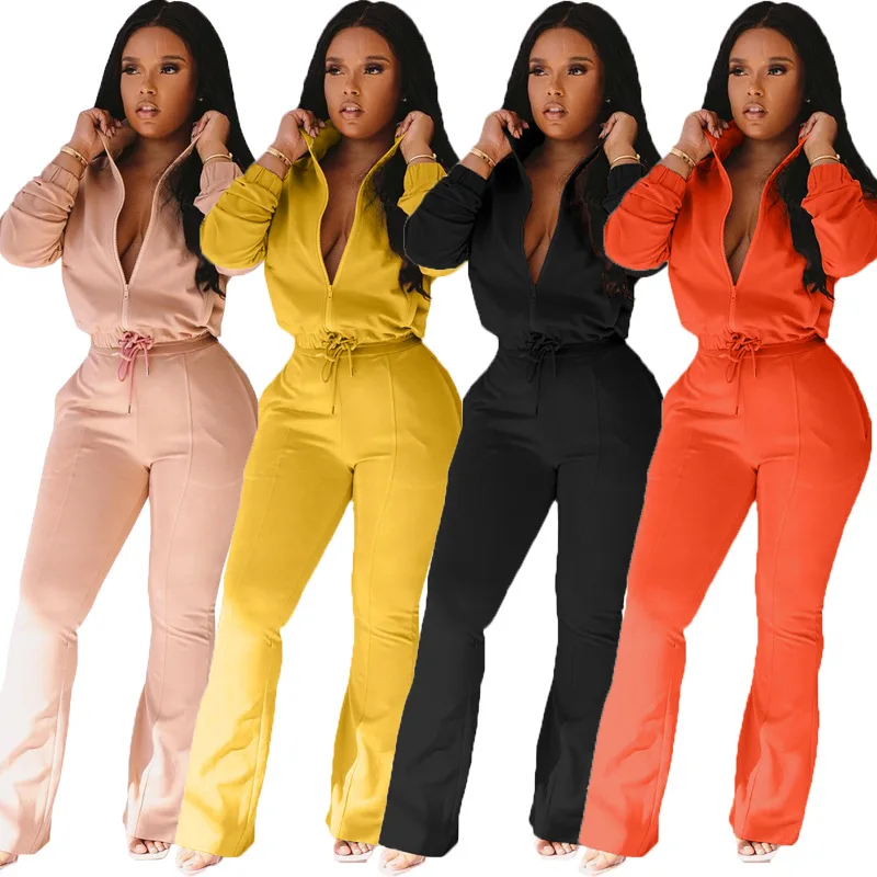 

New Style for Autumn and Winter European and American Women's Suit Solid Color Sports Casual Zip-up Jacket Pants Two-Piece Set