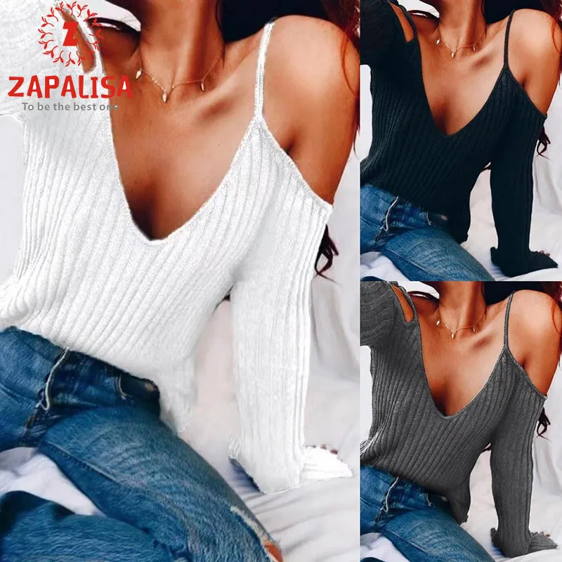 Zapalisa с открытыми плечами удобные женские топы яркие длинным рукавом v образный