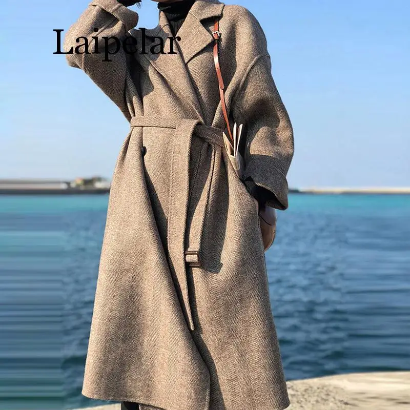 Striped Fashion Wool Coat Jacket Women Lace Up Long Blend Elegant Ladies Coats  Turn Down Collar Outwear