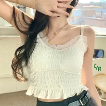 

Summer New Cropped Feminino Sleeveless Short Folds Casual Tank Tops Women Patchwork Lace Slim Thin Solid Fashion Camisole Femme