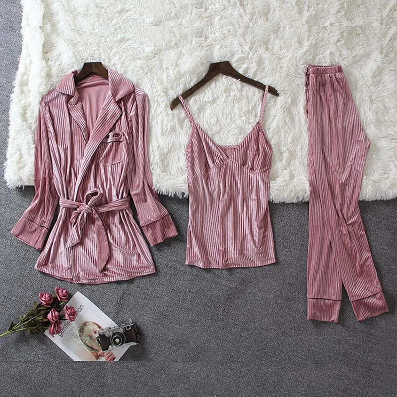 Pink Женские пижамы золотой бархат 4 шт. пижамный комплект с длинным рукавом свободный большой размер женский сексуальный халат с нагрудными накладками домашняя одежда - Цвет: Pink