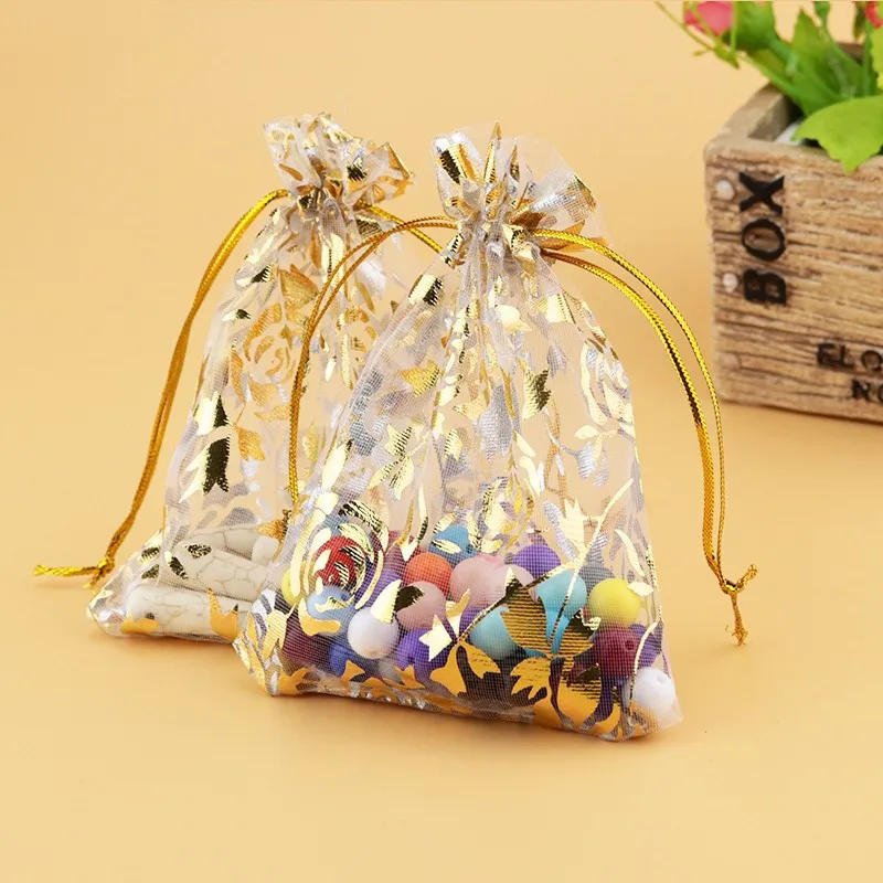 100pcs/lot 17x23cm Colorful Bronzing Rose Flower Design Organza Gift Bag Drawstring String Bags Packaging Pocket Pouches