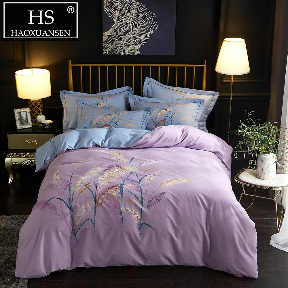 

Reed Printed Sanding Cotton Bedding set Light violet blue 4 Pieces Soft Warm Duvet Cover for Winter Queen King Size