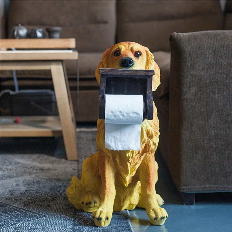 Cute Puppy Statue Simulation Animal Dog Golden Retriever Creative Tissue Box Home Bathroom Decor Roll holder Action Figure Toy | Игрушки и