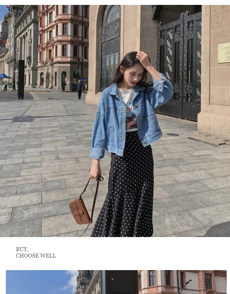 Для фотосессии, Южная Корея, Ulzzang, осенняя одежда, джинсовая синяя куртка, короткое пальто, женская юбка в горошек с оборками, комплект из двух предметов