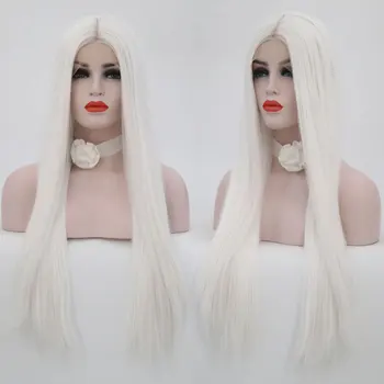 

White Long Straight Synthetic 13*4 Lace Front Wig Heat Resistant Fiber Hair Natural Hairline Middle Parting For Women Girl Wigs