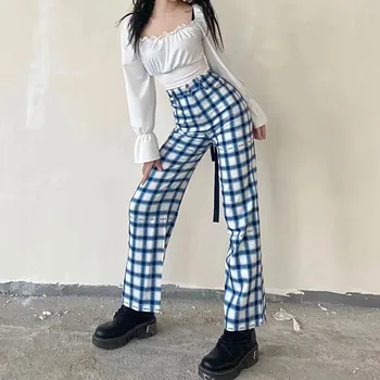 

2020 New Korean High Waist Loose Slim Plaid Harajuku Pants Women All-match Wide Leg Casual Trousers Women