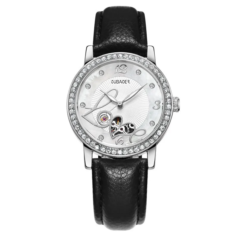 Relogio feminino, OUBAOER, автоматические механические часы для женщин, модные, стразы, полый дизайн, часы с кожаным ремешком, водонепроницаемые часы - Цвет: silver black 005B