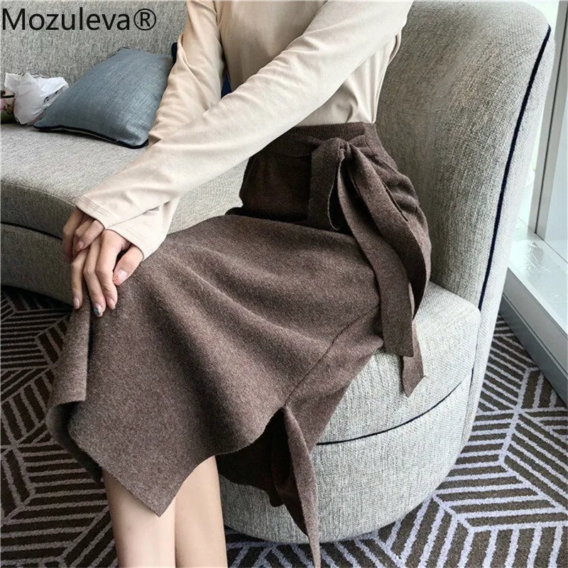 Mozuleva осень зима толстый женский свитер юбка эластичный пояс на шнуровке женские трикотажные юбки с разрезом по бокам элегантная женская юбка