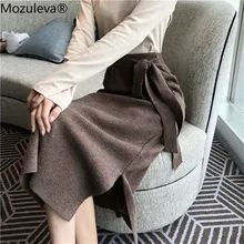 Mozuleva осень зима толстый женский свитер юбка эластичный пояс на шнуровке женские трикотажные юбки с разрезом по бокам элегантная женская юбка