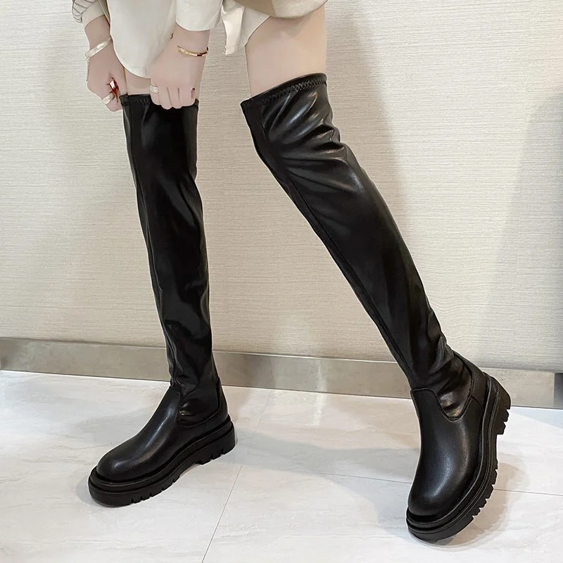 Botas largas de moda de tacón grueso para mujer, de cuero elástico, Otoño Invierno, zapatos de plataforma para mujer, botas de estilo británico para mujer 2021