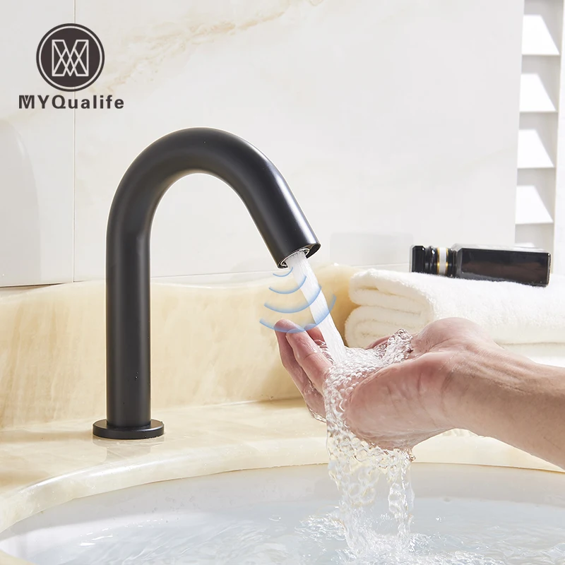 

Black Sensor Faucet Bathroom Sink Deck Mount Hot And Cold Automatic Basin Faucet Battery Powered Water Saving Tap