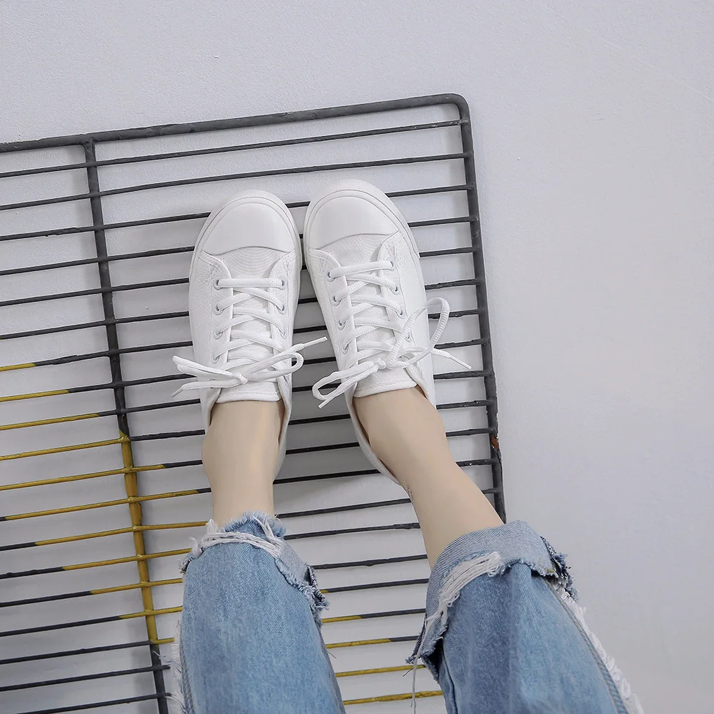 

Yuan bu 2018 Spring New Style Solid Color Casual Canvas Shoes Low Top Flat Lace-up Breathable Nurses White Shoes