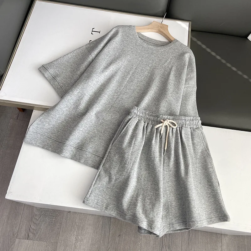 

Solid Sporty Sweatsuits for Women Two Piece Outfits Casual Loose Basic Sweatshirt and Shorts Matching Sets 2 Piece Tracksuits